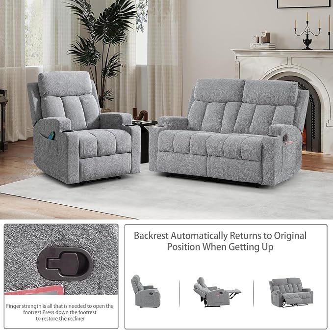 CANMOV Manual Recliner Sofa Set, Fabric Recliner Living Room Furniture Sets - Image 5