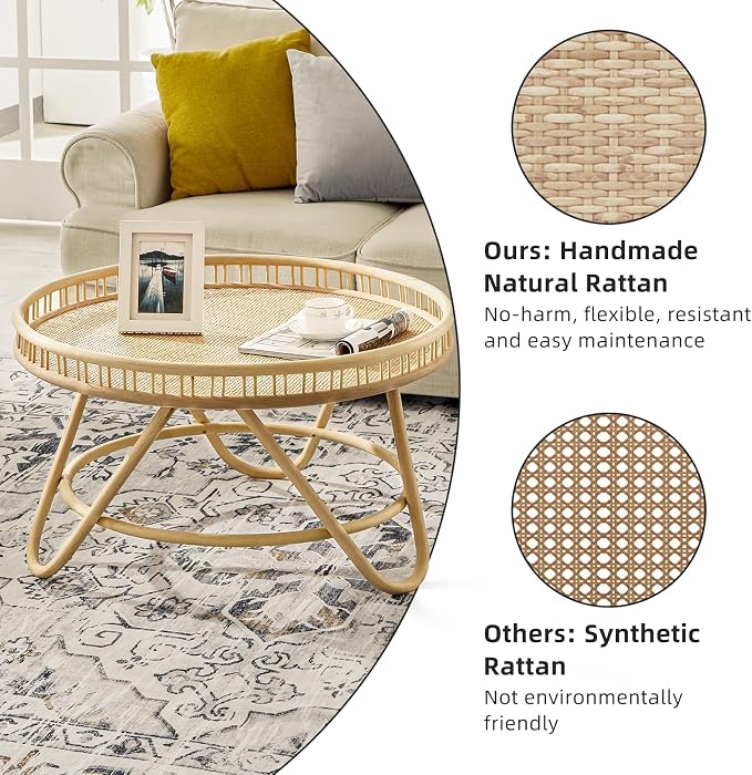 FINECASA Round Rattan Coffee Table, Modern Unique Farmhouse Tray Top Center - Image 3