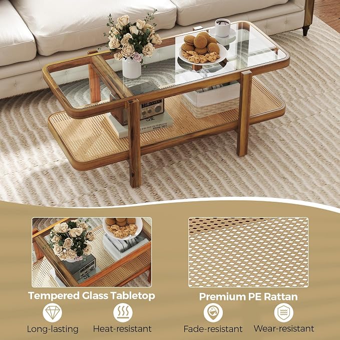 Giantex Rattan Coffee Table, 47.5" Rectangle Solid Wood Tea Table w/Tempered - Image 4