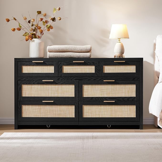 SICOTAS 7 Drawer Dressers for Bedroom Set 2, Long Rattan Dresser, Dresser TV - Image 4