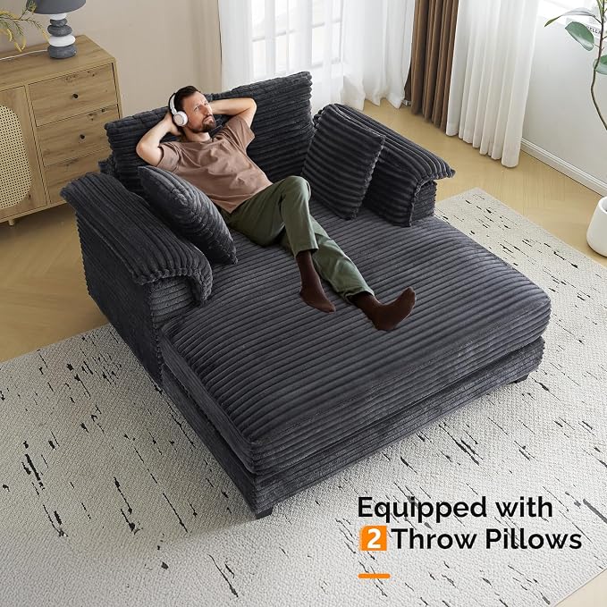 VINGLI 56" Oversized Chaise Lounge Chair, Dark Grey Comfy Corduroy Chaise Sofa - Image 7