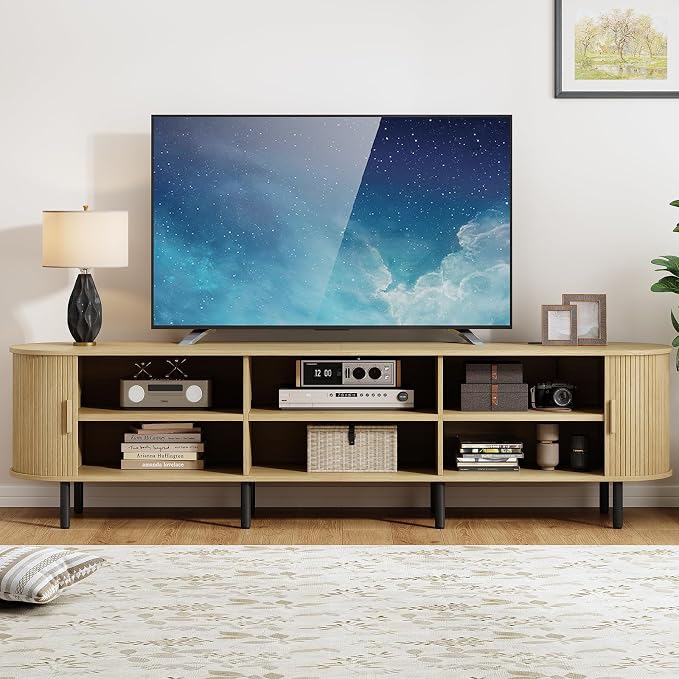86.6" TV Stand with Power Outlet, Mid-Century Modern Television Stand, Fluted - Image 5