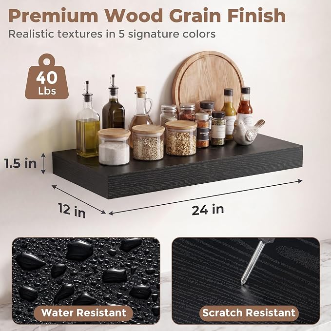 12 inch Deep Floating Shelves for Wall, 24 inch Wide Engineered Wood Wall - Image 2
