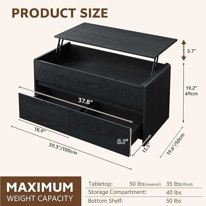 Coffee Table Lift Top with 2 Drawers, 40 Inch Multi-Function Coffee Table with - Image 2