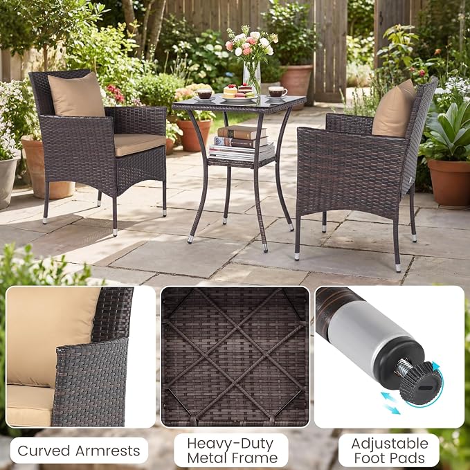 Tangkula 3 Pieces Patio Wicker Bistro Set, 2 Rattan Chairs w/ 2-Tier Tempered - Image 9