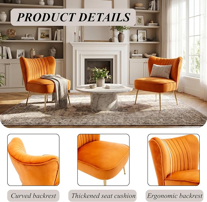 Velvet Accent Chairs Set of 2 for Comfy Living Room Armless Slipper Chair Mid - Image 5