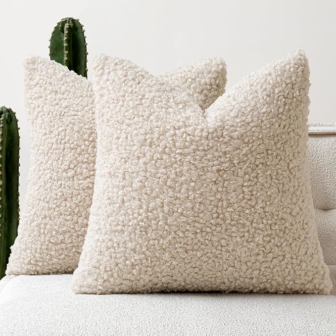 Faux Fur Throw Pillow Covers 18x18 Inch Set of 2 Boucle Neutral Decorative by Woaboy