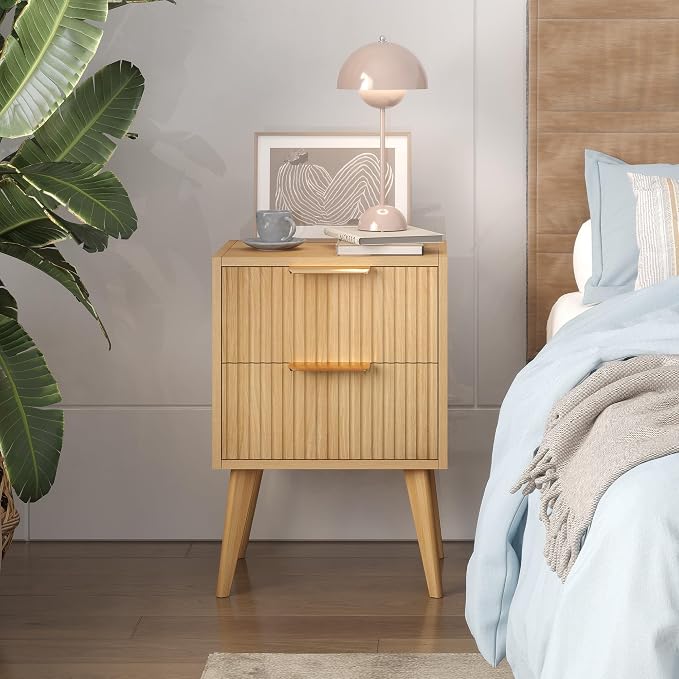 YAUKOMEL Fluted Nightstand, Small Bedside Table, Natural Wood Night Stand - Image 2