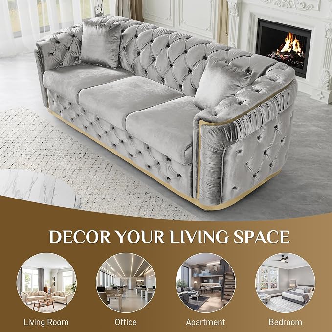 DAMAIFROM Velvet Couch Grey and Gold Sofa Luxury Loveseat 84.6" Mid Century - Image 5