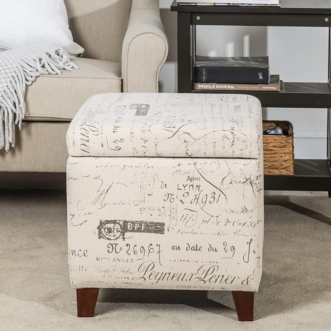 Adeco Fabric Script Pattern Cube Storage Footstool, Hinged Lid, Solid Wood Legs - Image 2