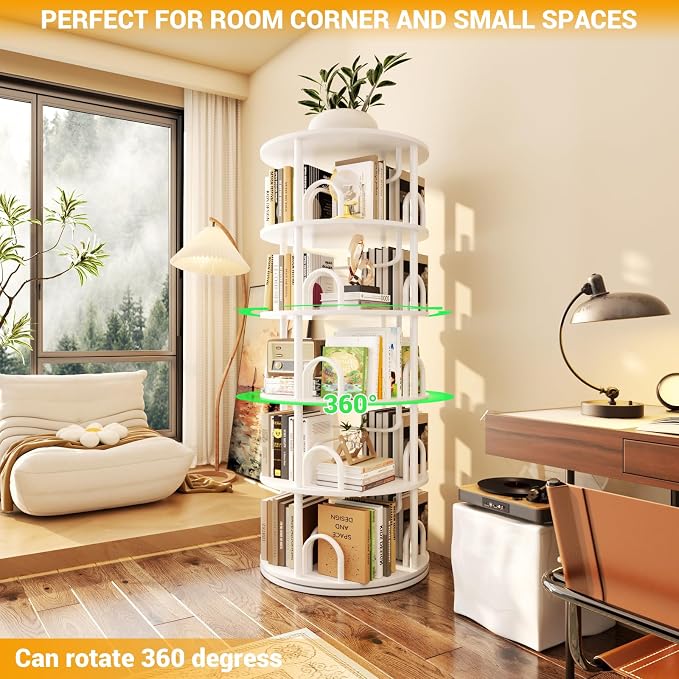 Aheaplus 5 Tier Rotating Bookshelf Tower, 360 Display Spinning Bookcase - Image 7