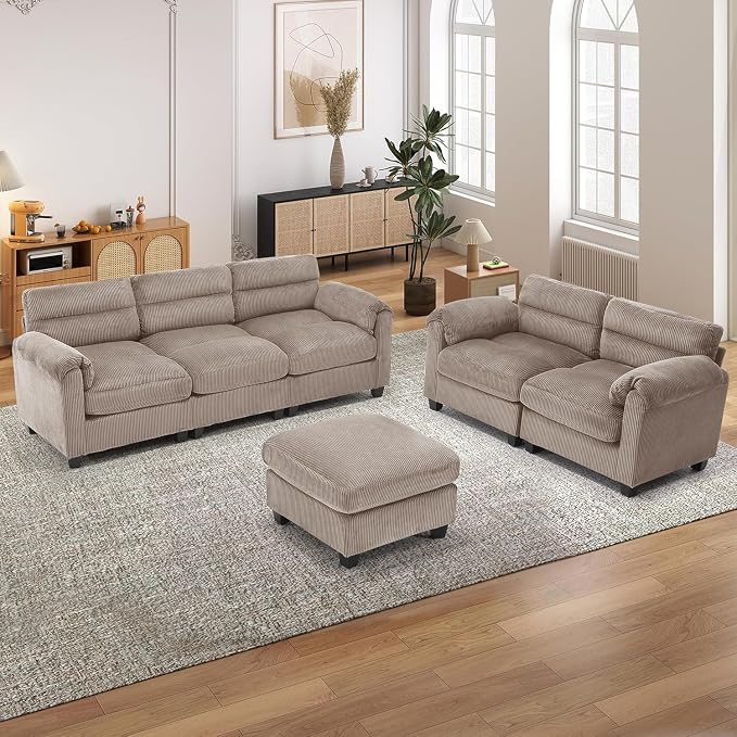 HAOMARKETS Corduroy 3-piece Sofa Set, Upholstered Ottoman, Loveseat 2-Seater - Image 6