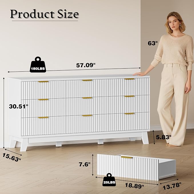 BORNOON Fluted 9 Drawer Dresser, 57.1" Wide Modern Boho Chest of Drawers - Image 2