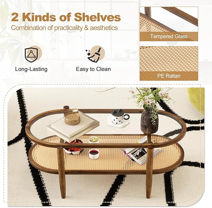Giantex Rattan Coffee Table, 2-Tier Oval Acacia Wood Tea Table w/Tempered Glass - Image 4