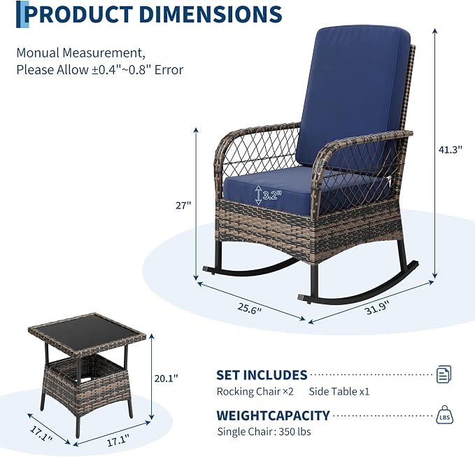 GarveeHome 3-Piece Outdoor Rocking Chair Set, Wicker Rattan Patio Furniture - Image 2