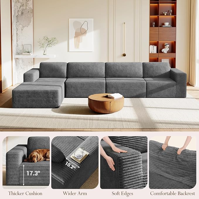 Vesgantti 159" Large Modular Sectional Sofa, L-Shaped Corduroy Cloud Couch - Image 8
