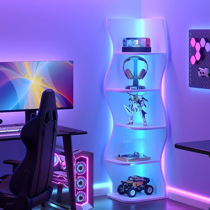 VECELO Wavy Corner Shelf with LED Light, Decorative 6-Tier Corner Display - Image 3