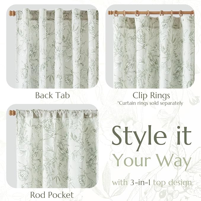 jinchan Floral Curtains 63 Inch Length Sage Green Flower Linen Farmhouse Curtain - Image 5