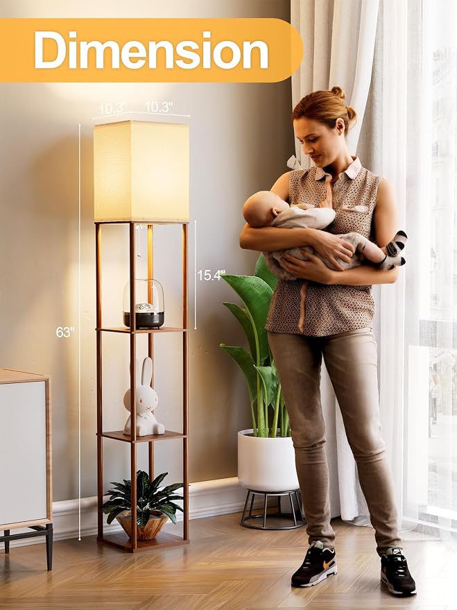 Floor Lamp with Shelves for Living Room Walnut Brown, Shelf Floor Lamp with 3 - Image 4