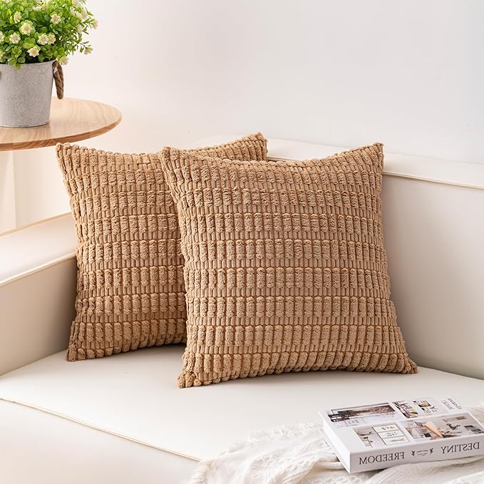 Pack of 2 Corduroy Decorative Throw Pillow Covers 24x24 InchSoft Striped Pillow by Unknown