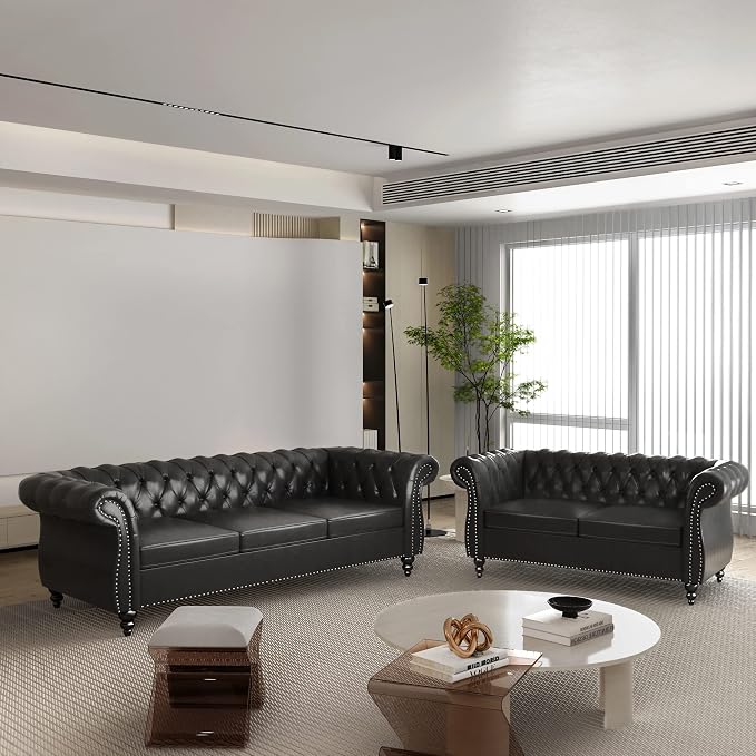 ORRD 2 Pieces Living Room Set, Chesterfield Leather Sofa Loveseat Couch by ORRD