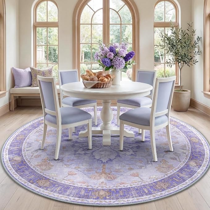 RELEANY Area Rugs Round 7ft Washable Non-Slip, Floral Vintage Distress Print by RELEANY