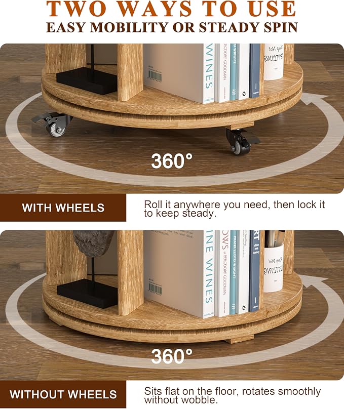 6-Tier Solid Wood Rotating Bookshelf on Wheels, 360° Spinning Book Shelf Tower - Image 5