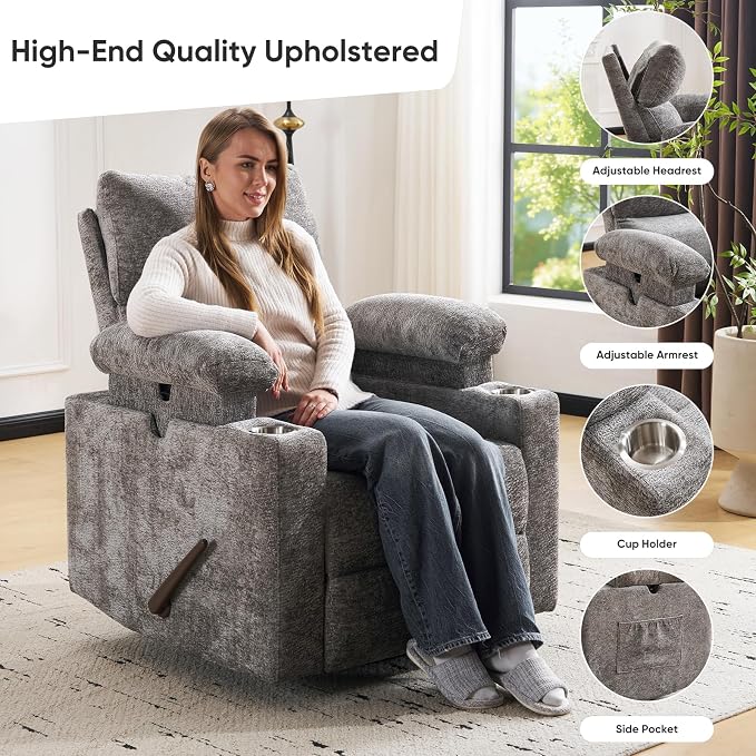 Swivel Rocker Recliner with Adjustable Armrests, Rocking Nursery Chair with - Image 5