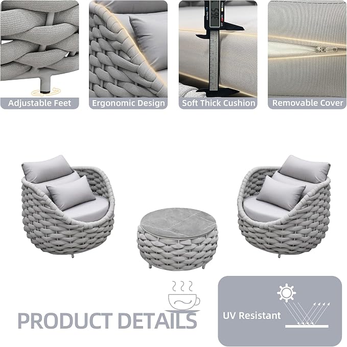 TWT 3 Pieces Aluminum Patio Furniture Set, Hand Woven Textilene Rope Outdoor - Image 3