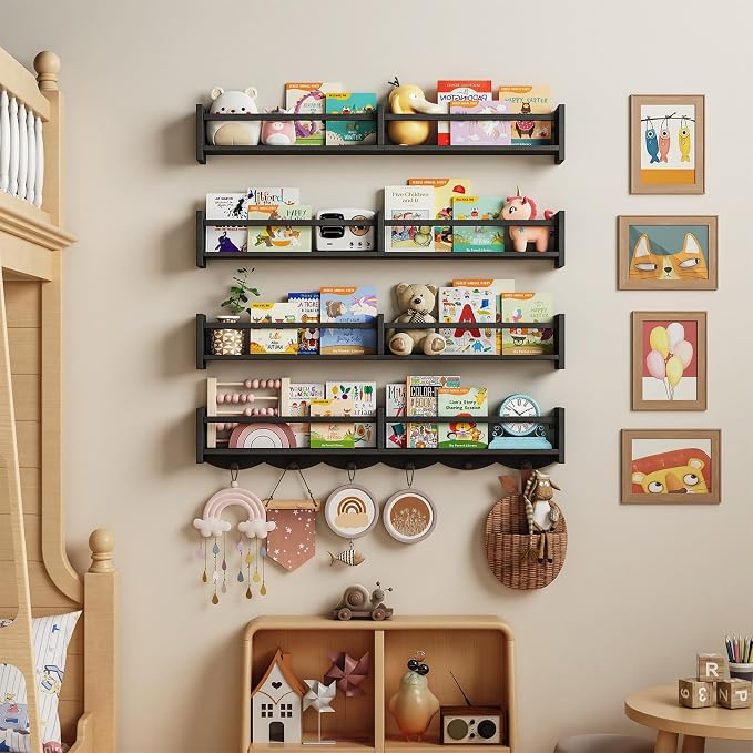 34Inch Nursery Bookshelves, Wall Floating Shelf Kids Coat Rack - Image 4