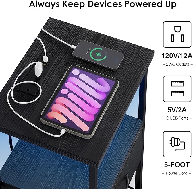 Fixwal Night Stand with Charging Station, LED Nightstand Side Table with Fabric - Image 5