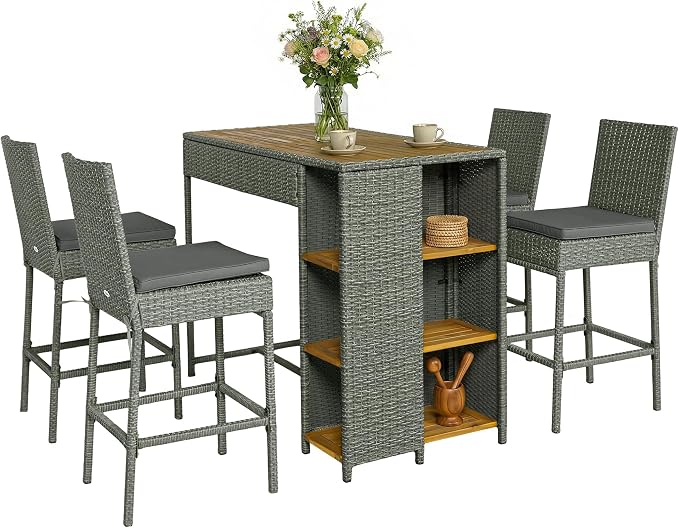 Outsunny 5 Piece Outdoor Bar Set, Wicker Outdoor High Top Table and Chairs by Outsunny