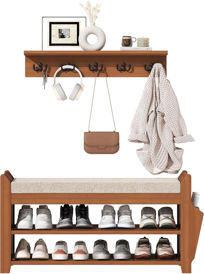 PETKABOO 31.5" Shoe Bench with Coat Rack Hidden Drawer and Side Holder - Image 8