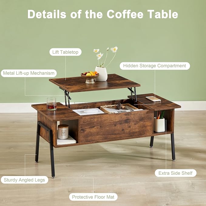 VECELO Wood Lift Top Coffee Table - Image 7