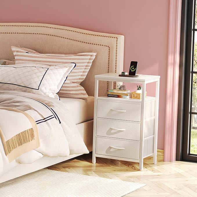 Huuger Nightstand with Charging Station, 27.6 Inch Side Table with Drawers - Image 2