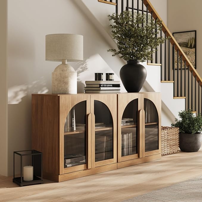 BELLEZE 2 Tier Bookshelf with Arched Glass Door by BELLEZE