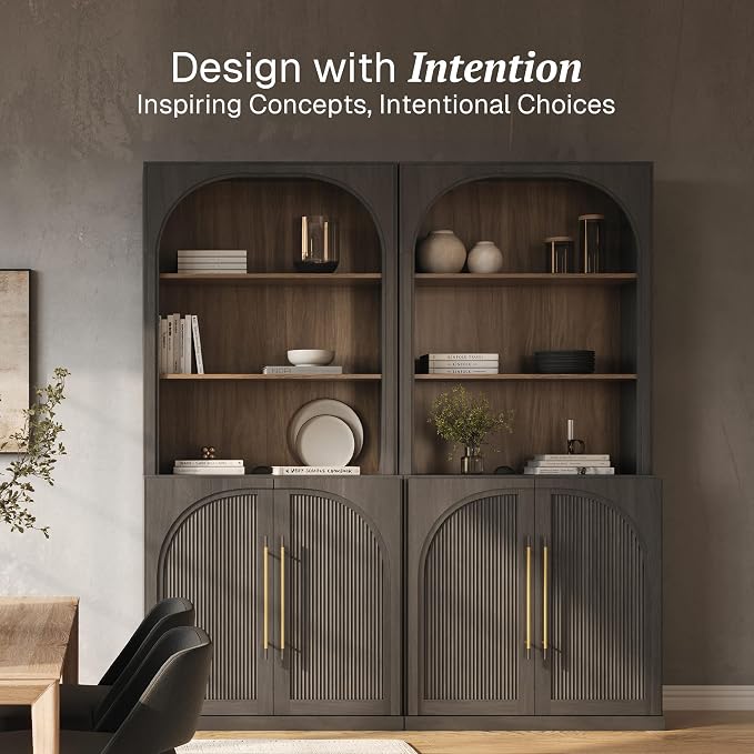 BELLEZE Storage Cabinet with Hutch Set of 2, Curved Styling Door Cabinet Curio - Image 3