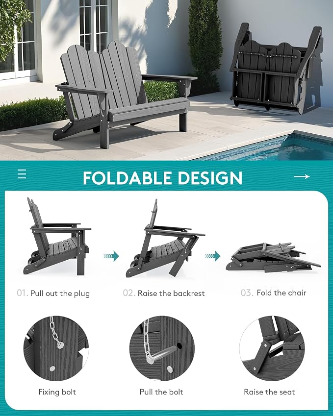 SERWALL Outdoor Patio Adirondack Set, 2 Folding Adirondack Bench & 1 Coffee - Image 5