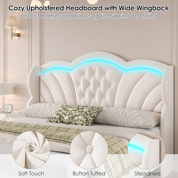 Keyluv Full Bed Frame Arc-Shaped LED Lights and 47.2" Height Wingback Bed - Image 8