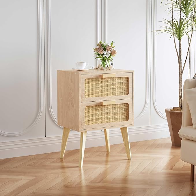 YAUKOMEL Rattan Nightstand, Wood End Table, Side Table - Image 2