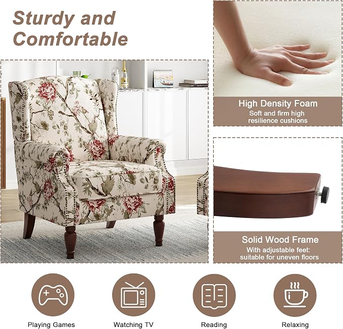 Pia Ricco Set of 2 Floral Accent Chairs, High Back Upholstered Armchairs - Image 4