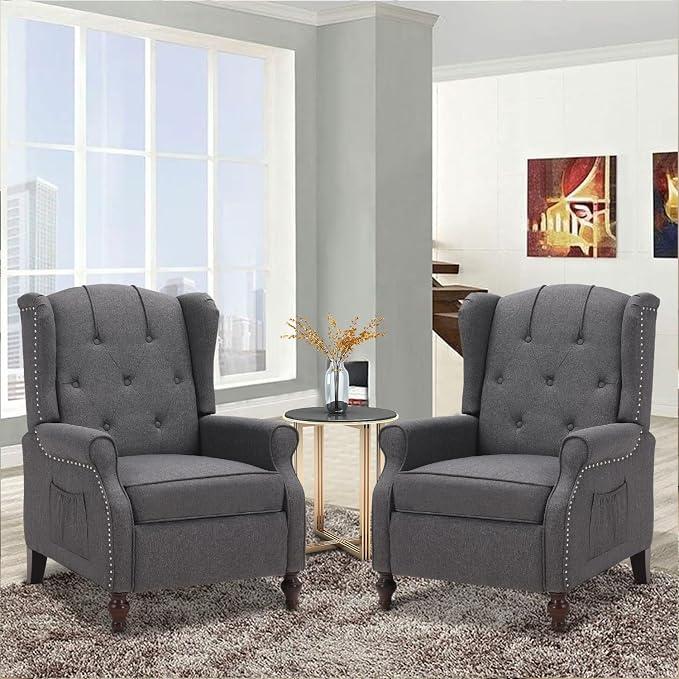 Wingback Recliner Chair with Massage and Heat, Tufted Fabric Push Back Recliner by Consofa