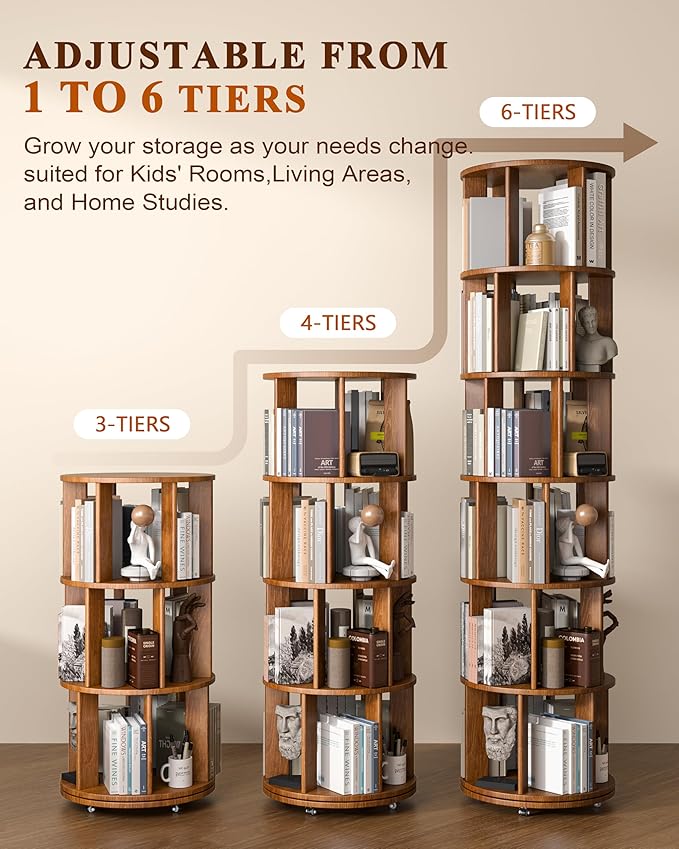 3-Tier Solid Wood Rotating Bookshelf on Wheels, 360° Spinning Book Shelf Tower - Image 4