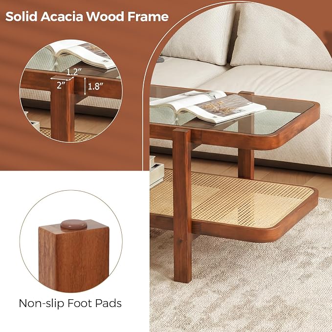 Giantex Rattan Coffee Table, 47.5" Rectangle Solid Wood Tea Table w/Tempered - Image 4