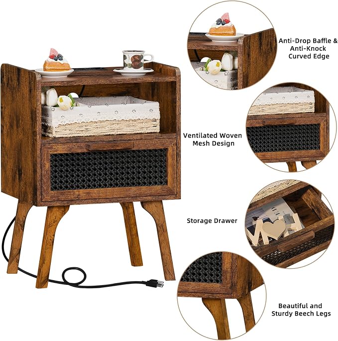 Lerliuo Rattan Nightstand with Charging Station, Side Table with Drawer Open - Image 8