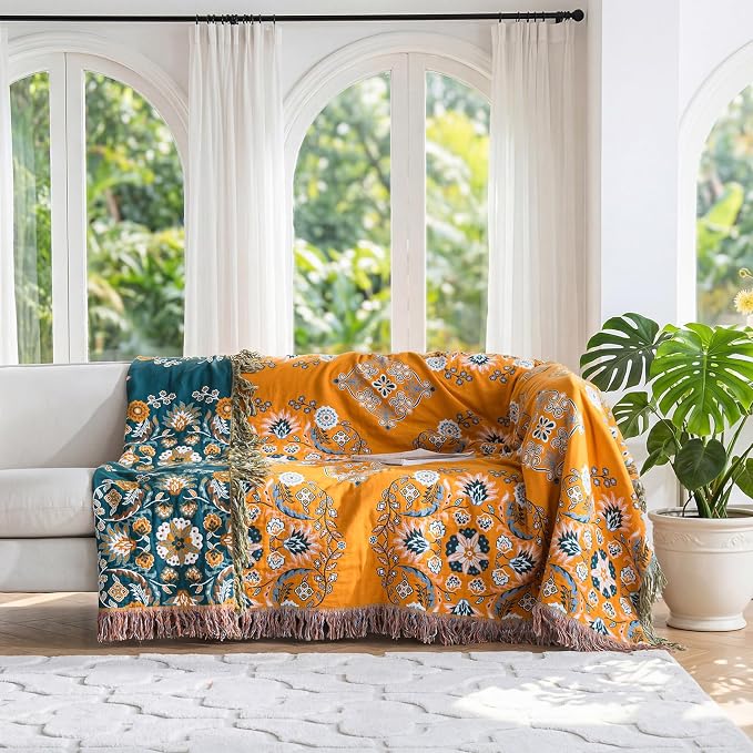 LUTBM Boho Throw Blanket for Bed 100% Cotton Soft Lightweight Quilt Floral - Image 5