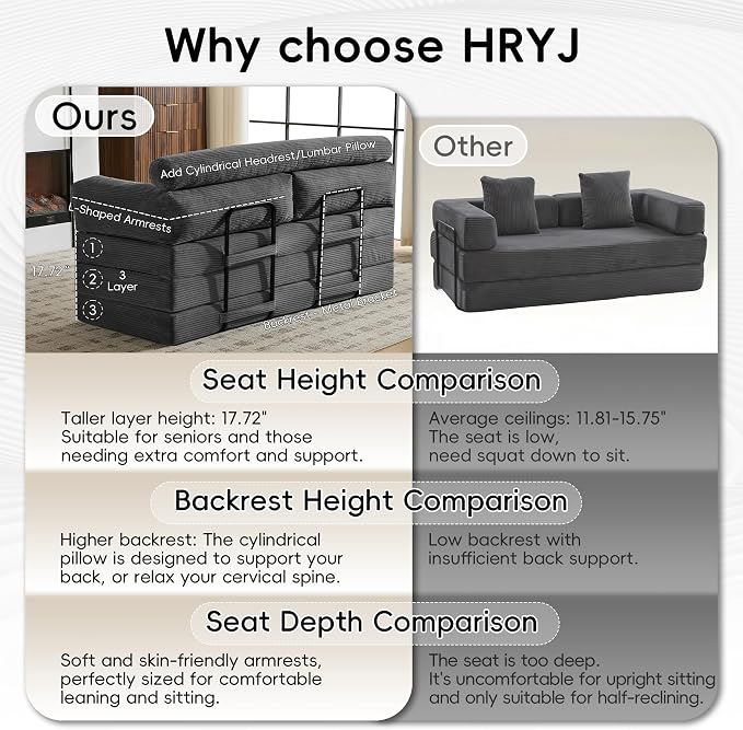 5-in-1 Convertible Sofa Bed, Corduroy Futon Couch Sleeper - Image 4