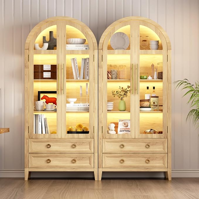 Arched Curio Cabinet with Glass Doors, 4-Tier Display Cabinet with 2 Drawers - Image 8