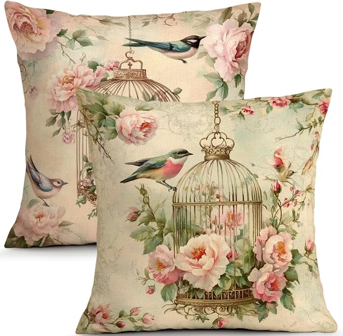 OBSEDE Vintage Throw Pillow Covers Set of 2, 18x18 Inch Pink Rose and Bird Print by OBSEDE