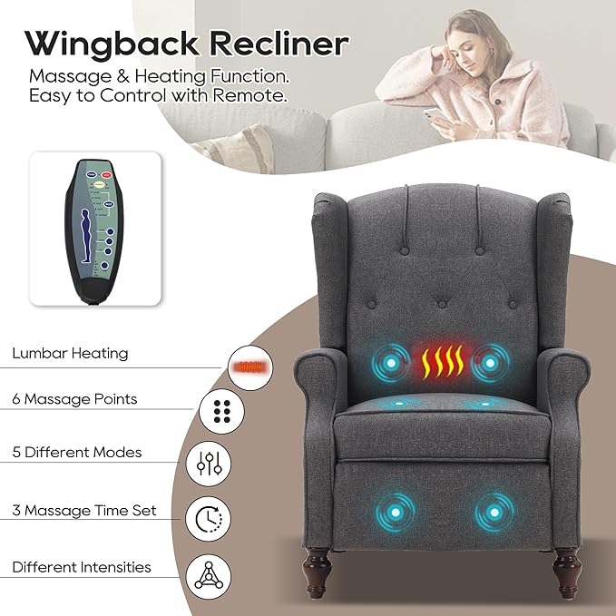 Wingback Recliner Chair with Massage and Heat, Tufted Fabric Push Back Recliner - Image 3